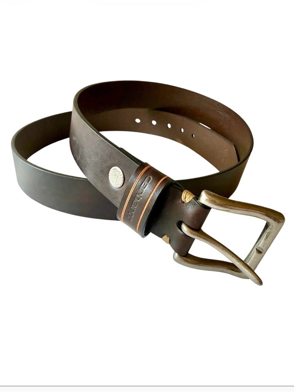 Carhartt brown leather belt. Size 44 Silver tone buckle EUC